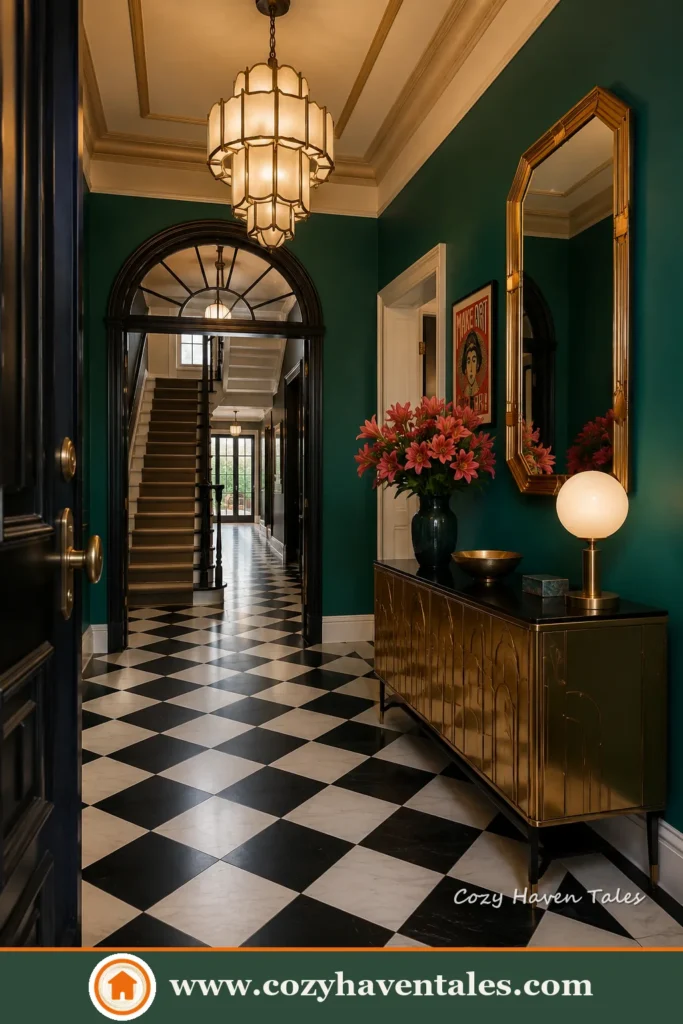 Inviting checkered floor design ideas with a cozy interior showing the focal wall and accents
