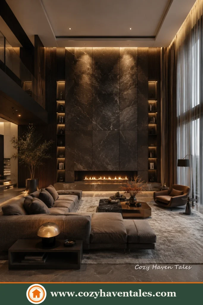 Serene contemporary modern living room ideas with a calm interior showing statement lighting and clean lines