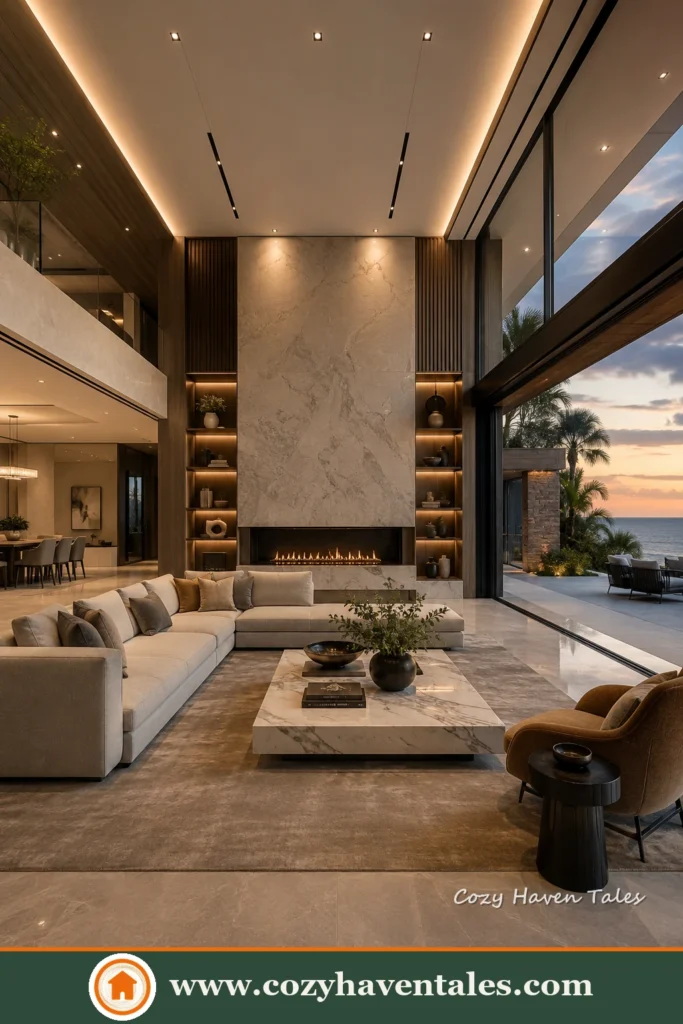 Stylish contemporary modern living room ideas with a refined interior showing the color palette and finishes