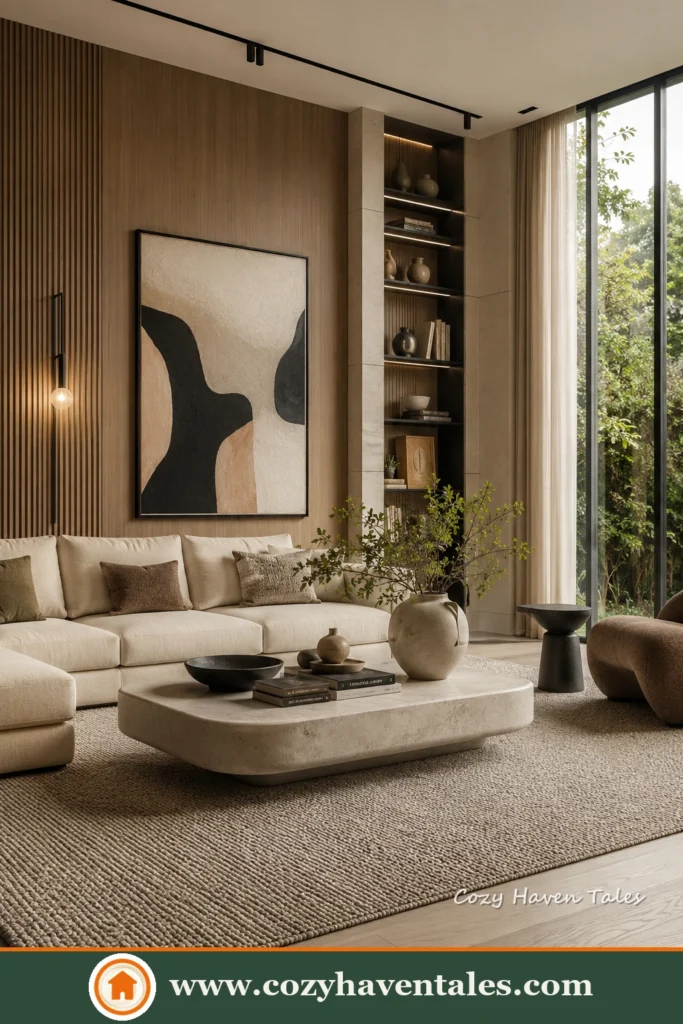 Cozy contemporary modern living room ideas with a sunlit interior showing cozy styling and smart storage