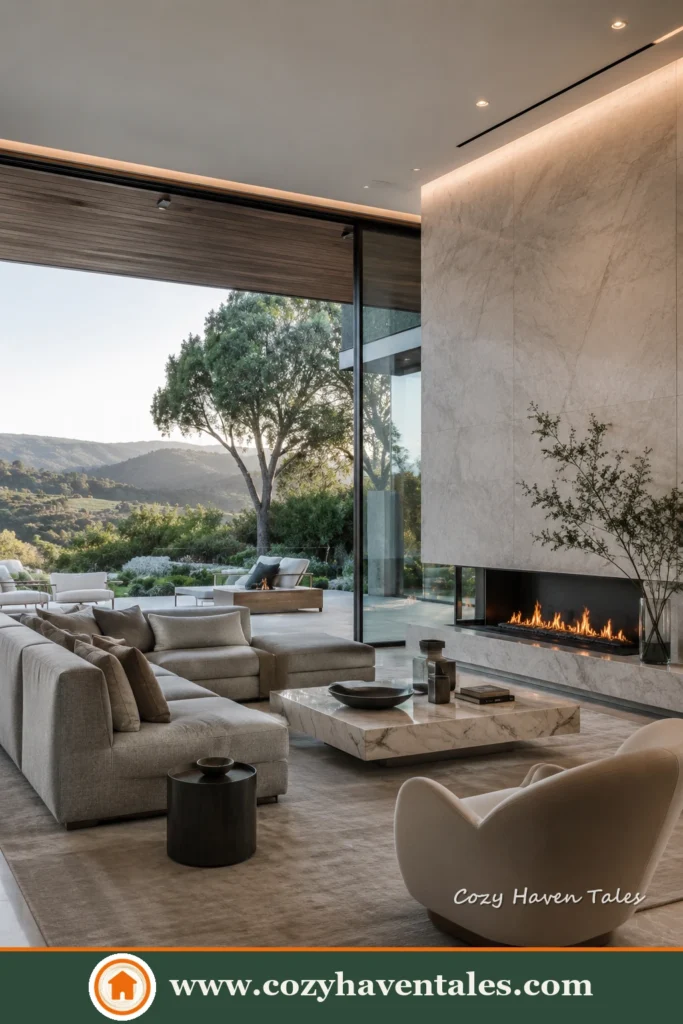 Inviting contemporary modern living room ideas with a cozy interior showing the focal wall and accents