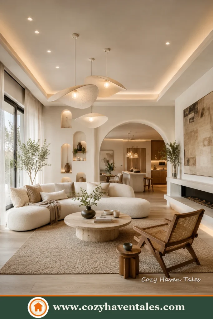 Calm contemporary modern living room ideas with a airy interior showing the seating and layout flow