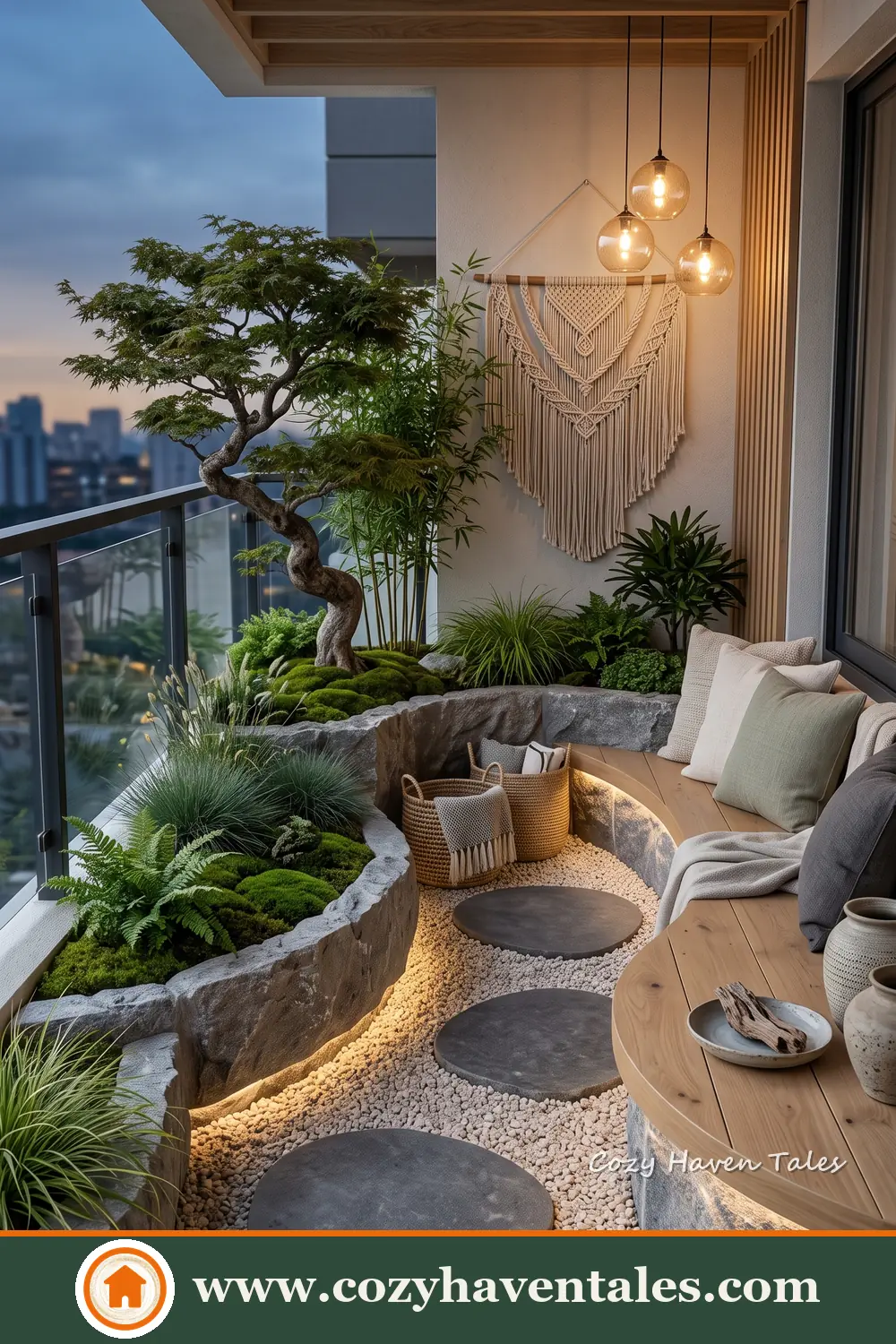 Small apartment balcony with curved built-in seating, layered planters, a sculptural tree and warm integrated lighting