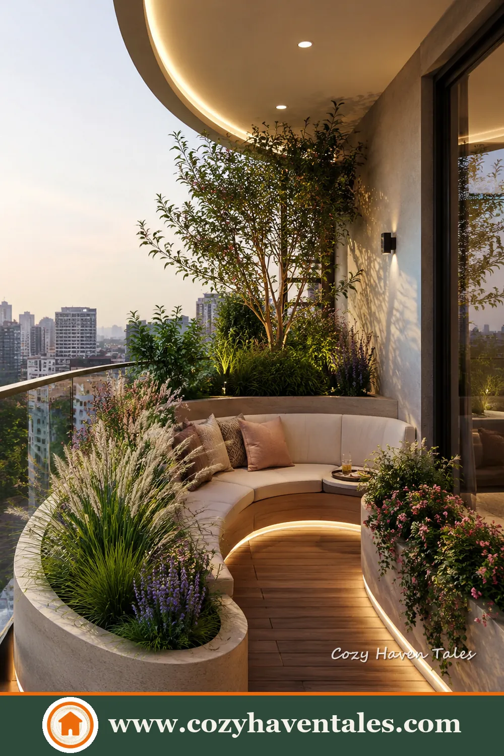 Modern apartment balcony with curved built-in seating, rounded planters, ornamental grasses and city views
