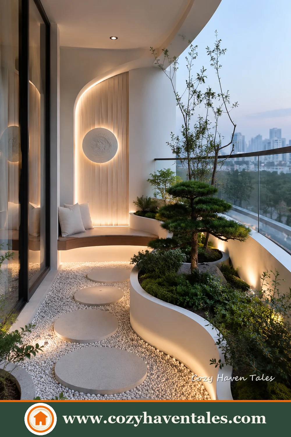 Narrow modern balcony with a curved white planter, sculptural tree, pebble flooring and built-in seating