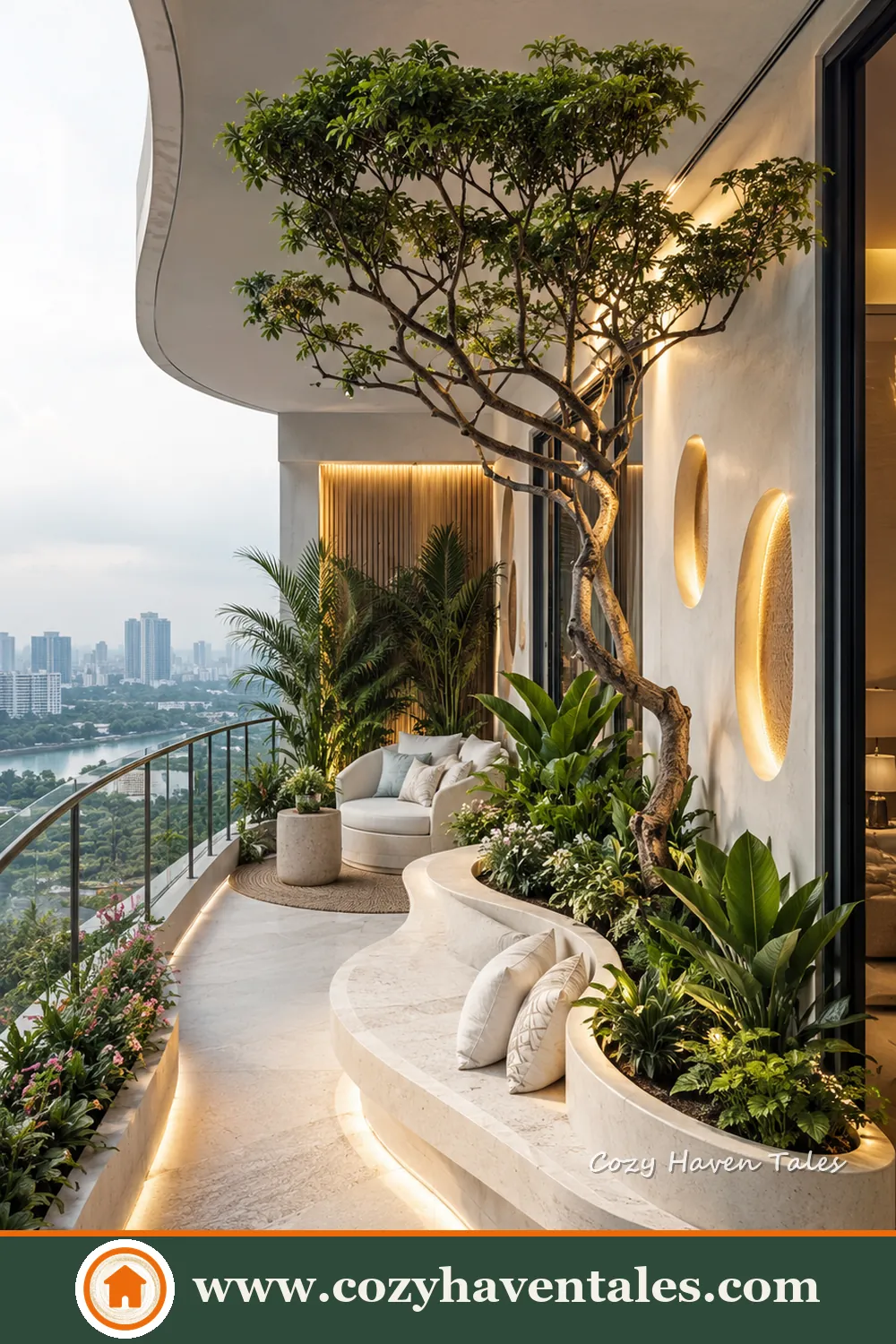 Contemporary apartment balcony with curved white planters, built-in seating, tropical plants and a small tree