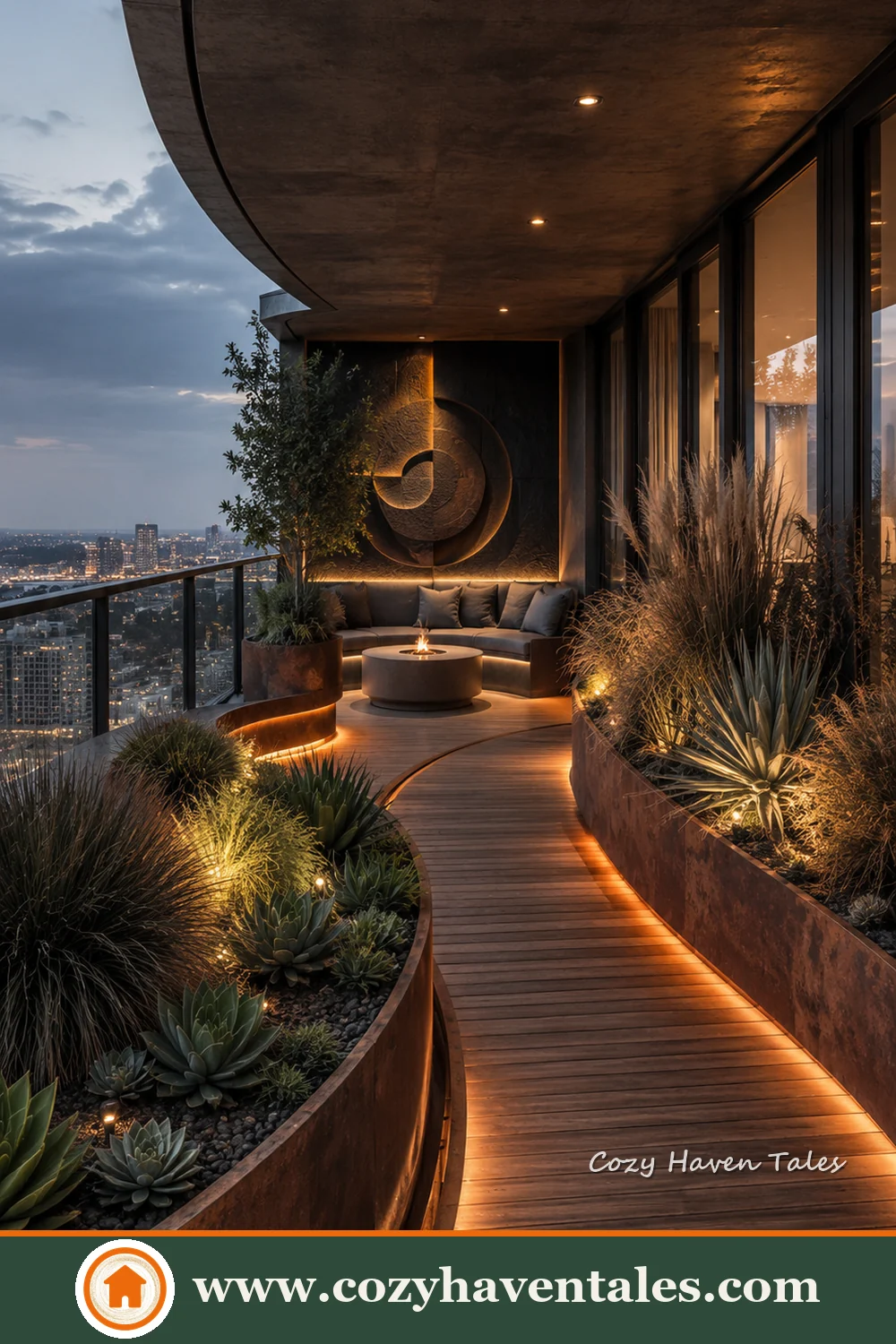 Moody apartment balcony with a curved wooden walkway, ornamental grasses, raised planters and concealed lighting