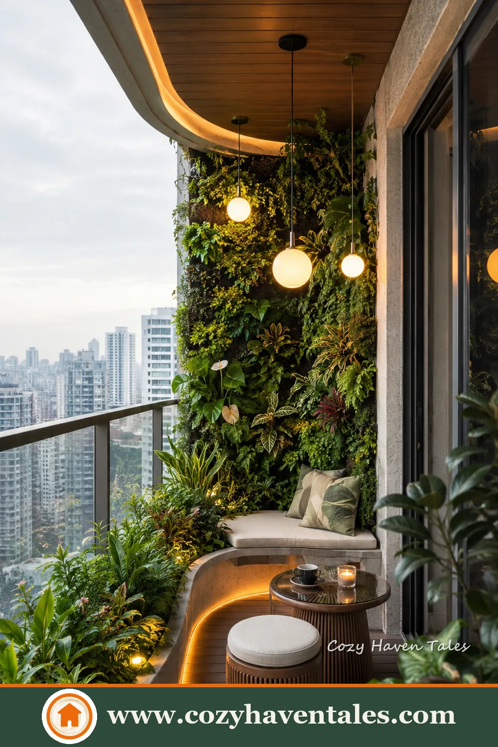 Narrow apartment balcony with curved built-in seating, a living green wall, tropical plants and globe lights