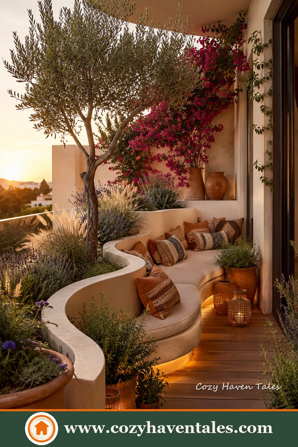 Mediterranean-style balcony with a curved built-in bench, olive tree, bougainvillea and layered planters