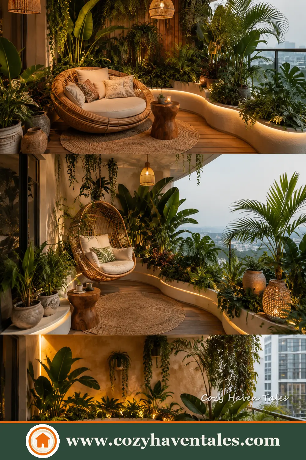 Three tropical balcony layouts with curved seating, rounded planters, lush foliage and warm integrated lighting