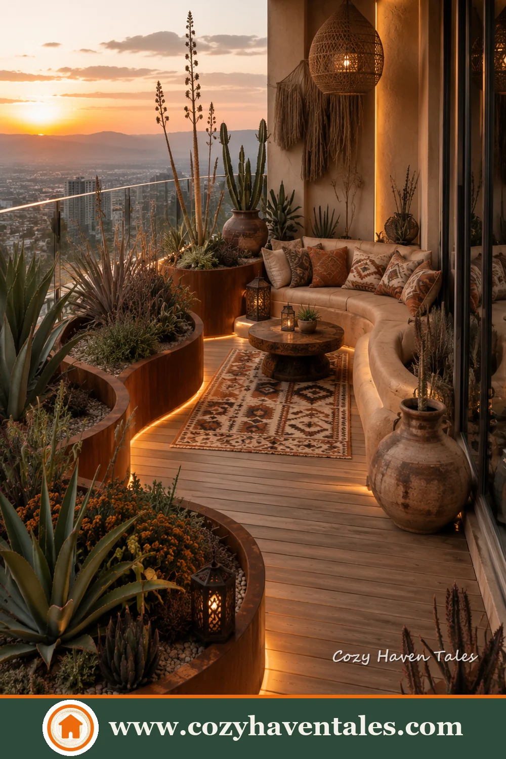 Boho apartment balcony with curved raised planters, built-in seating, succulents, grasses and a patterned rug