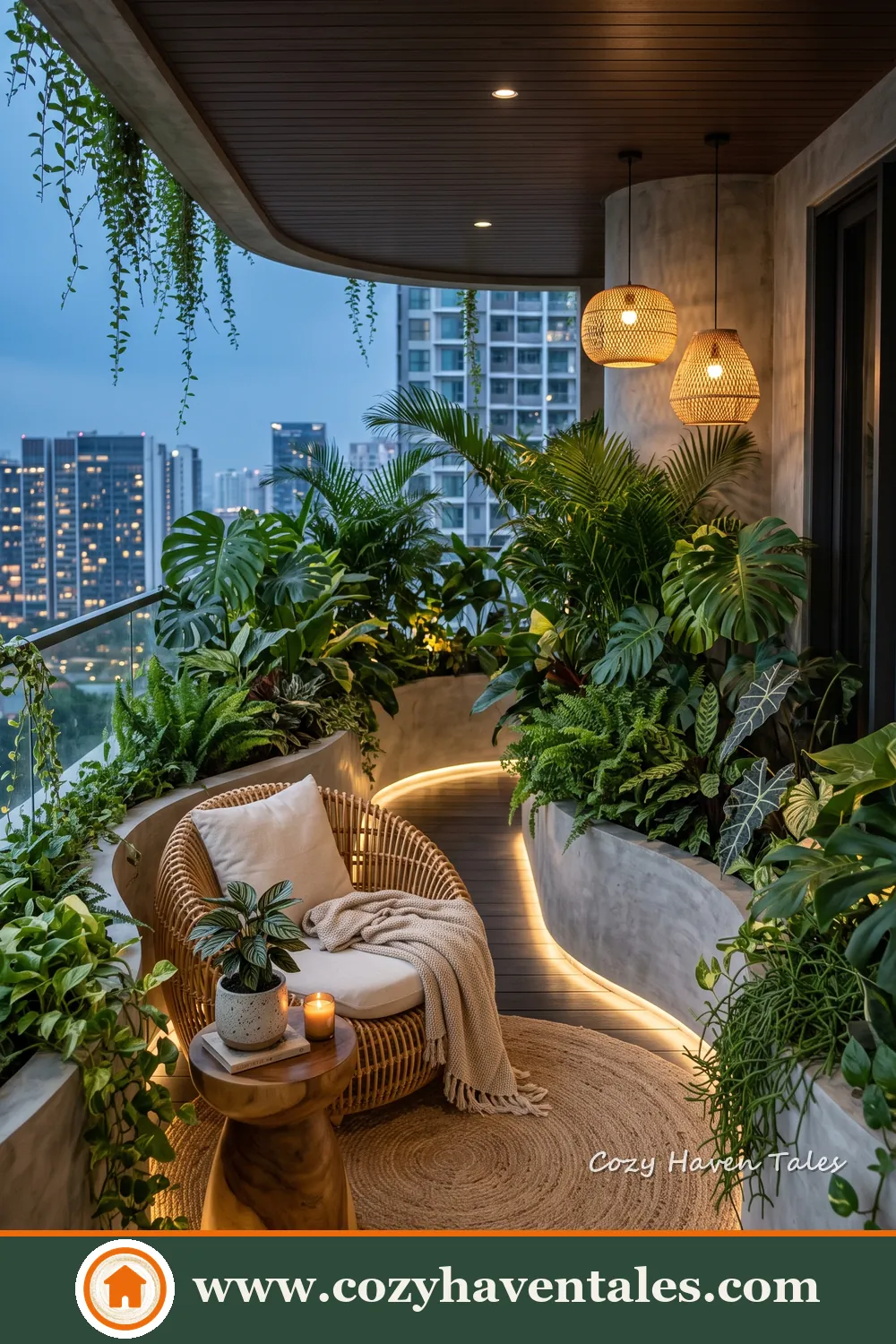 Lush apartment balcony with curved built-in seating, tropical plants, hanging greenery and woven pendant lights