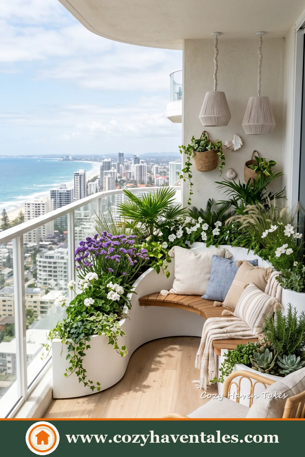 Bright apartment balcony with a curved built-in bench, white planters, flowering plants and city views