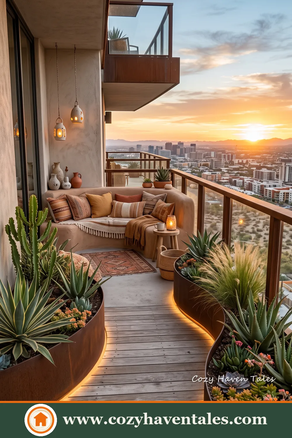 Long apartment balcony with a curved wooden walkway, raised planters, succulents and built-in seating at sunset