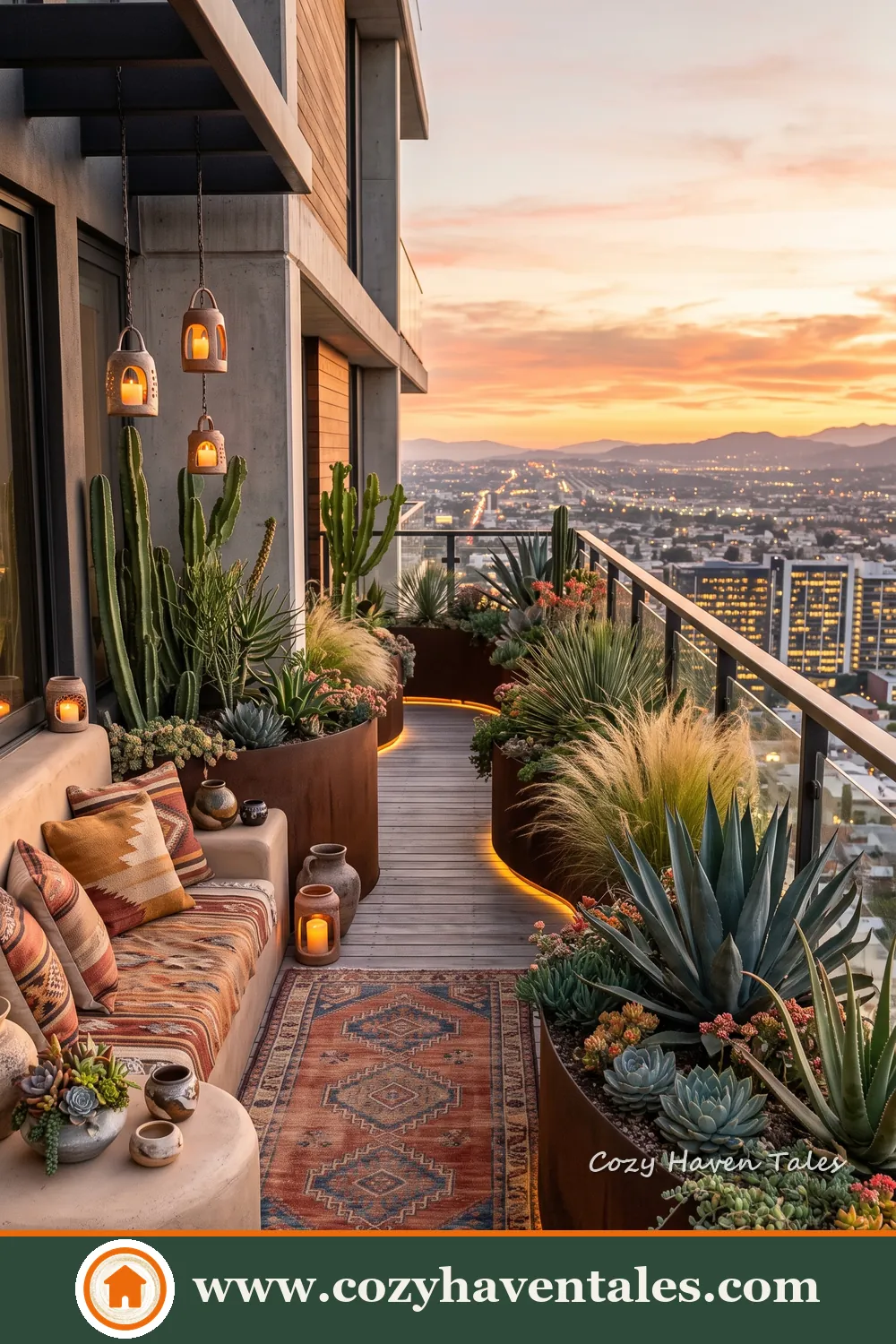 Boho apartment balcony with curved planters, large succulents, ornamental grasses, cushioned seating and a patterned rug