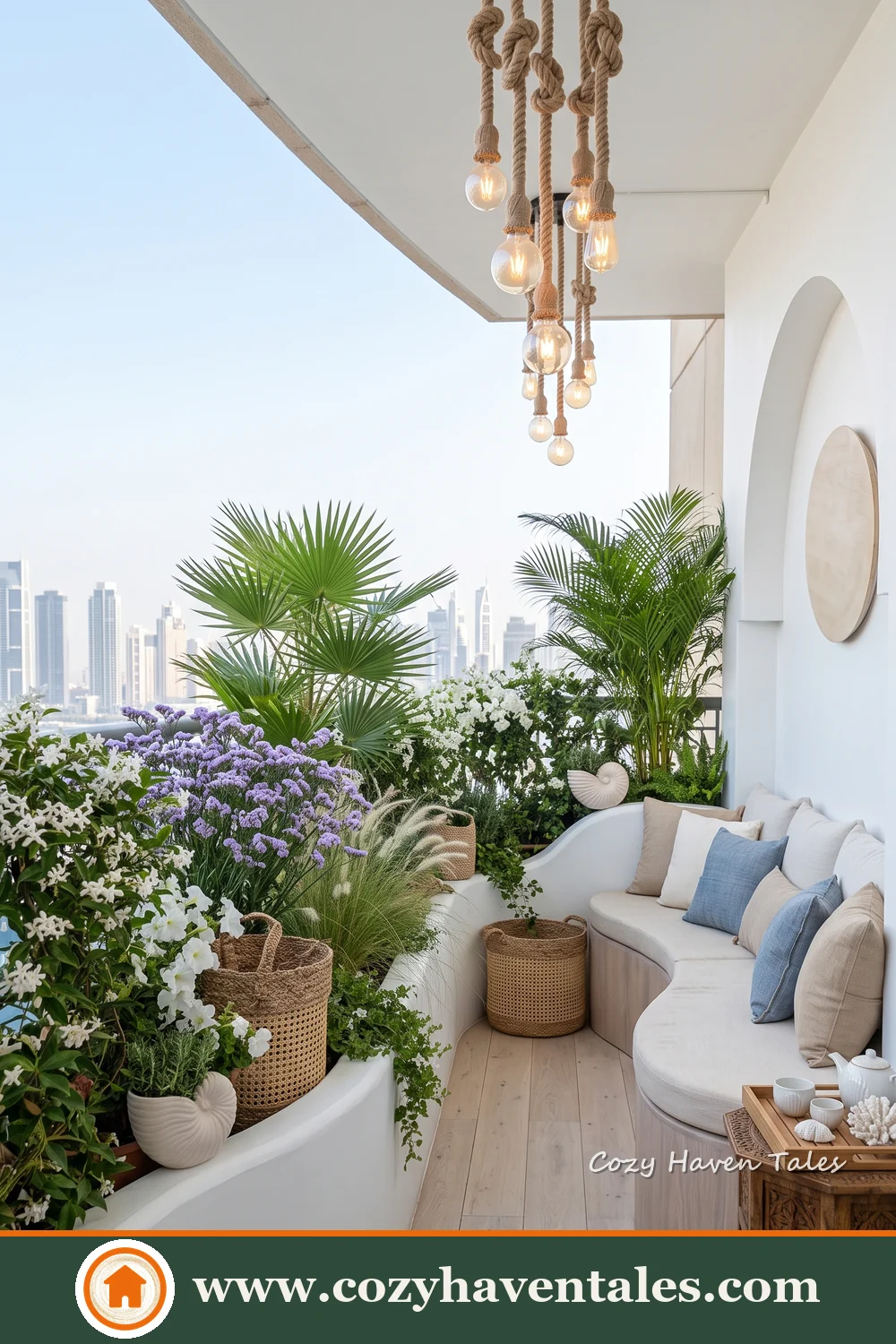 Bright white apartment balcony with curved built-in seating, potted palms, purple flowers and city views