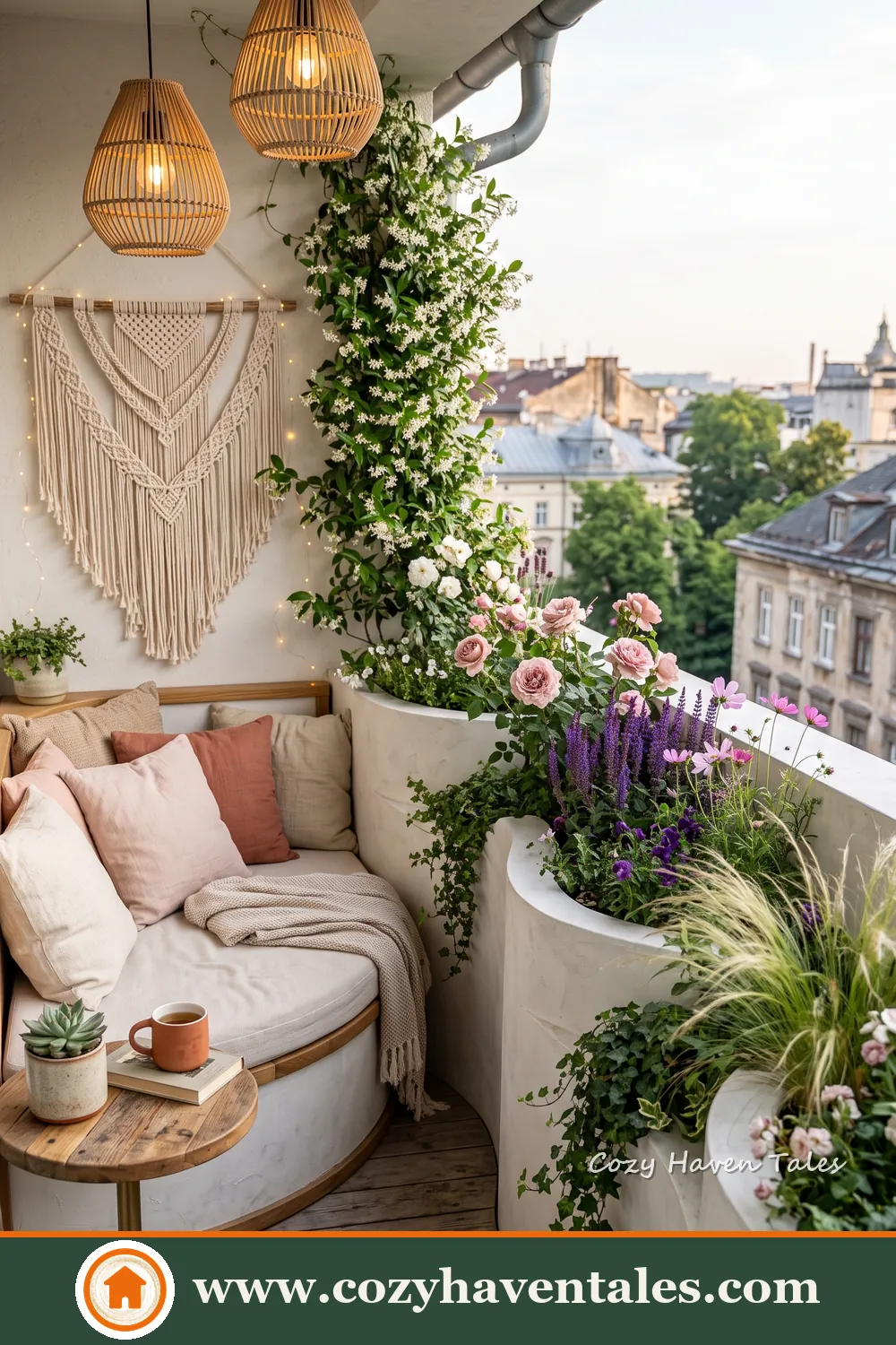 Bright boho apartment balcony with curved seating, flowering planters, climbing greenery and woven pendant lights