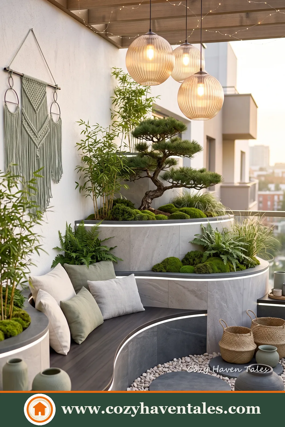 Small apartment balcony with curved built-in seating, tiered planters, a sculptural tree and hanging woven lights