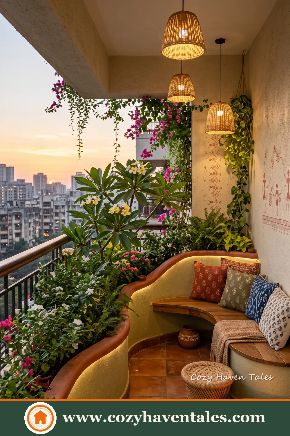 Small apartment balcony with curved built-in seating, tropical plants, flowering vines and woven pendant lights