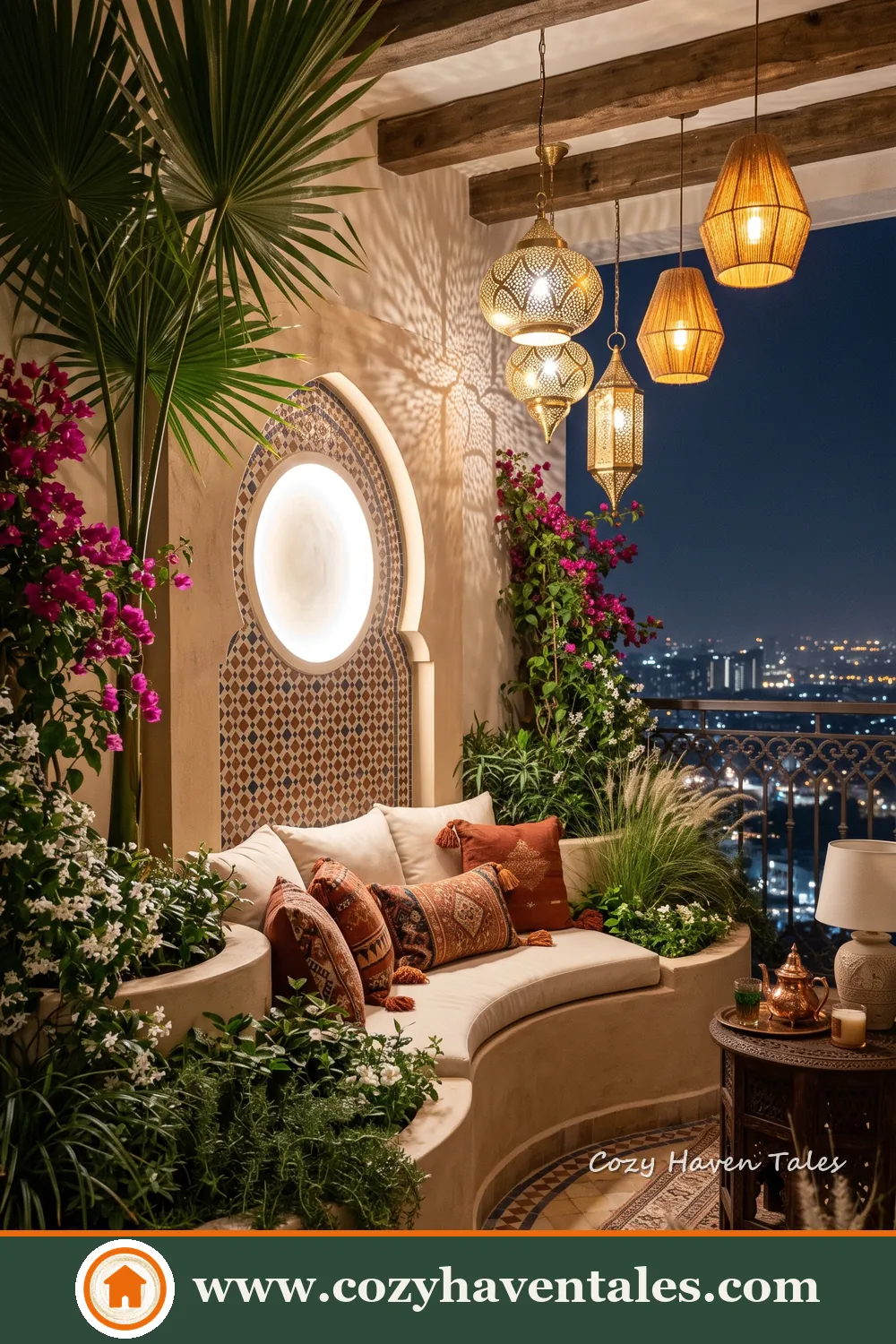 Boho balcony garden with curved built-in seating, lush tropical plants, arched wall detail and woven pendant lights