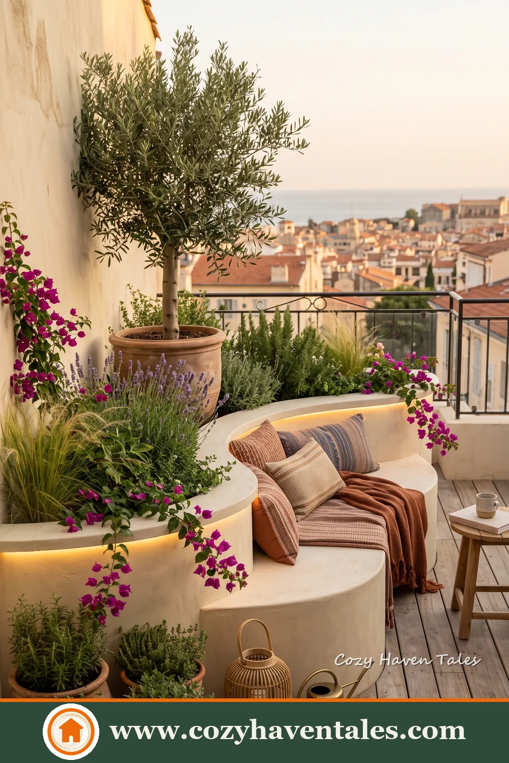 Small apartment balcony with curved built-in seating, an olive tree, flowering plants and layered planters