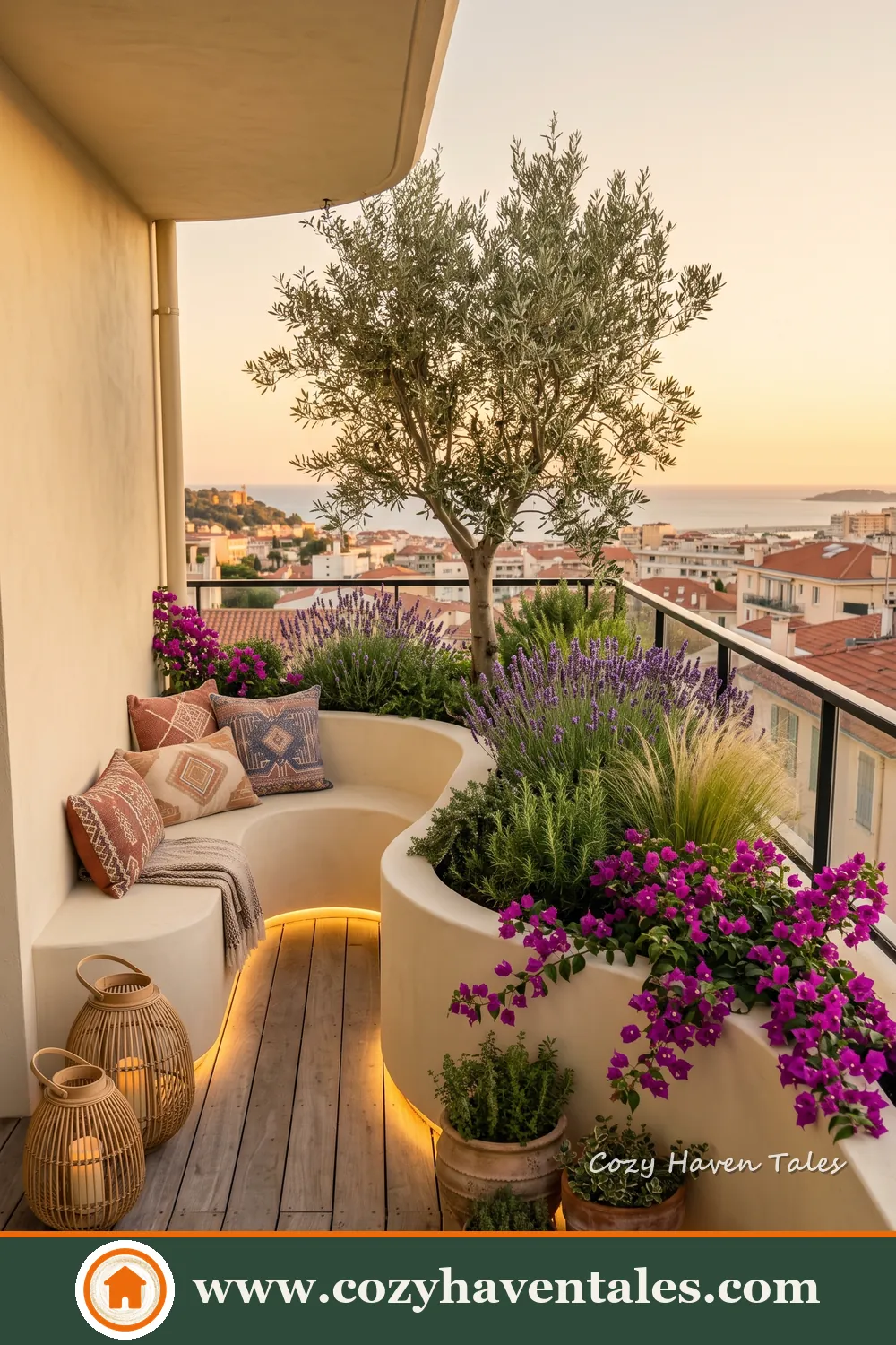 Narrow apartment balcony with curved seating, raised flower beds, ornamental grasses and an olive tree
