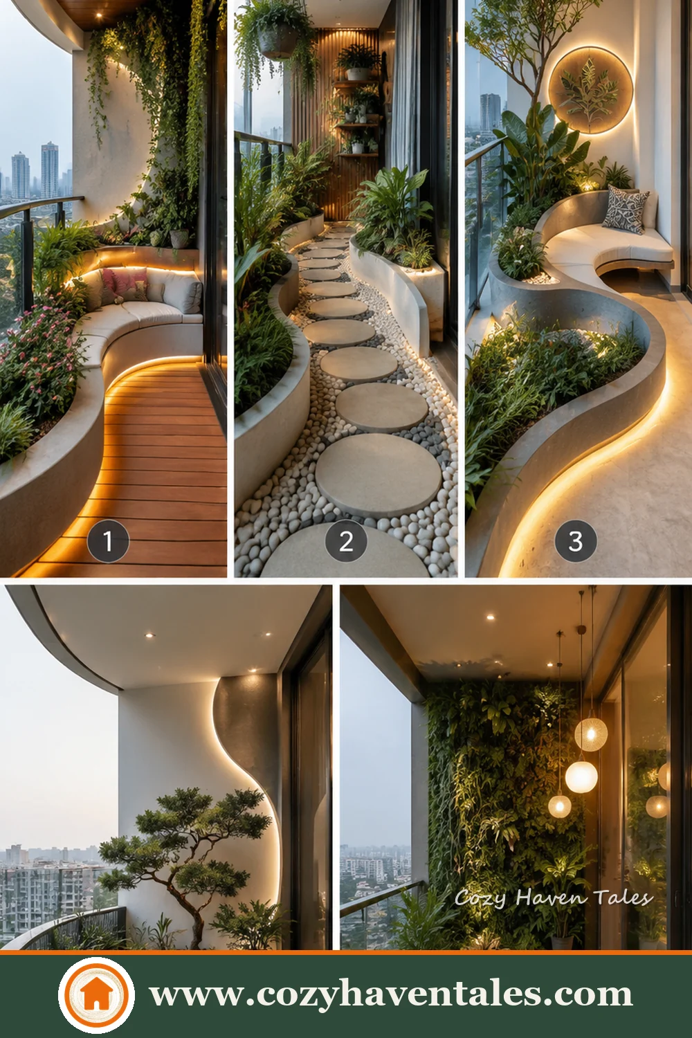 Five different curved balcony garden ideas featuring flowing pathways, rounded planters, built-in seating and concealed lighting