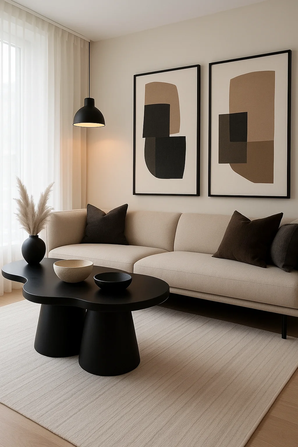 Bright neutral living room with a light sofa, cream rug, sheer curtains, and black accents used in moderation.