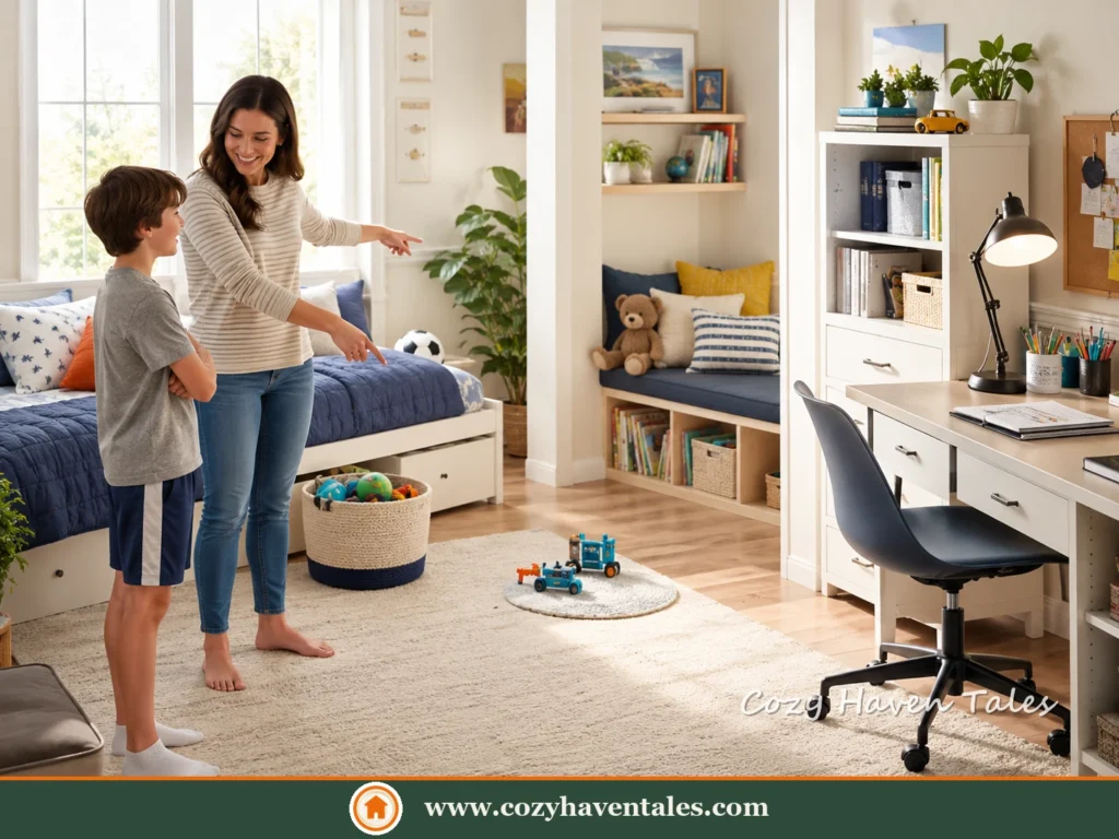 Parent and Child Talking Through a **Kids Room Declutter