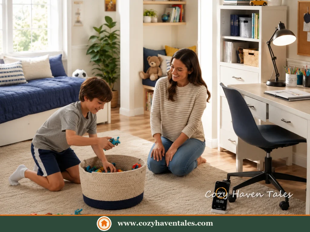 A phone propped on a stand shows a 15 minute countdown timer while a boy sorts toys into a basket with his mother nearby.