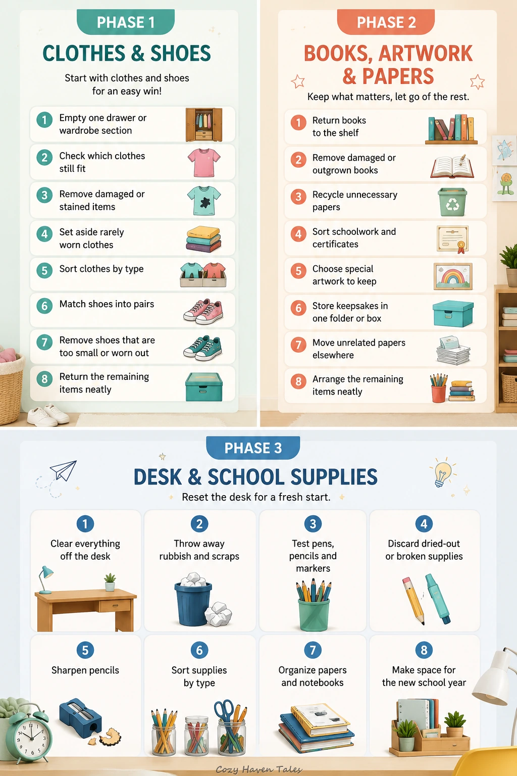 An illustrated checklist to declutter kids room before school, covering clothes and shoes, books and papers, and desk and school supplies.