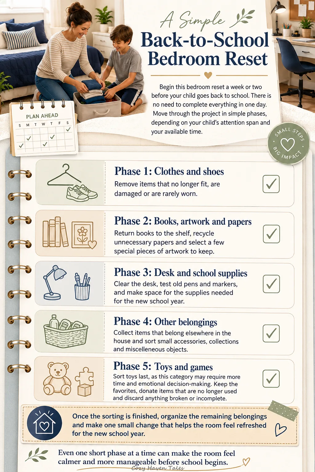 Back-to-school kids’ bedroom reset infographic showing five decluttering phases
