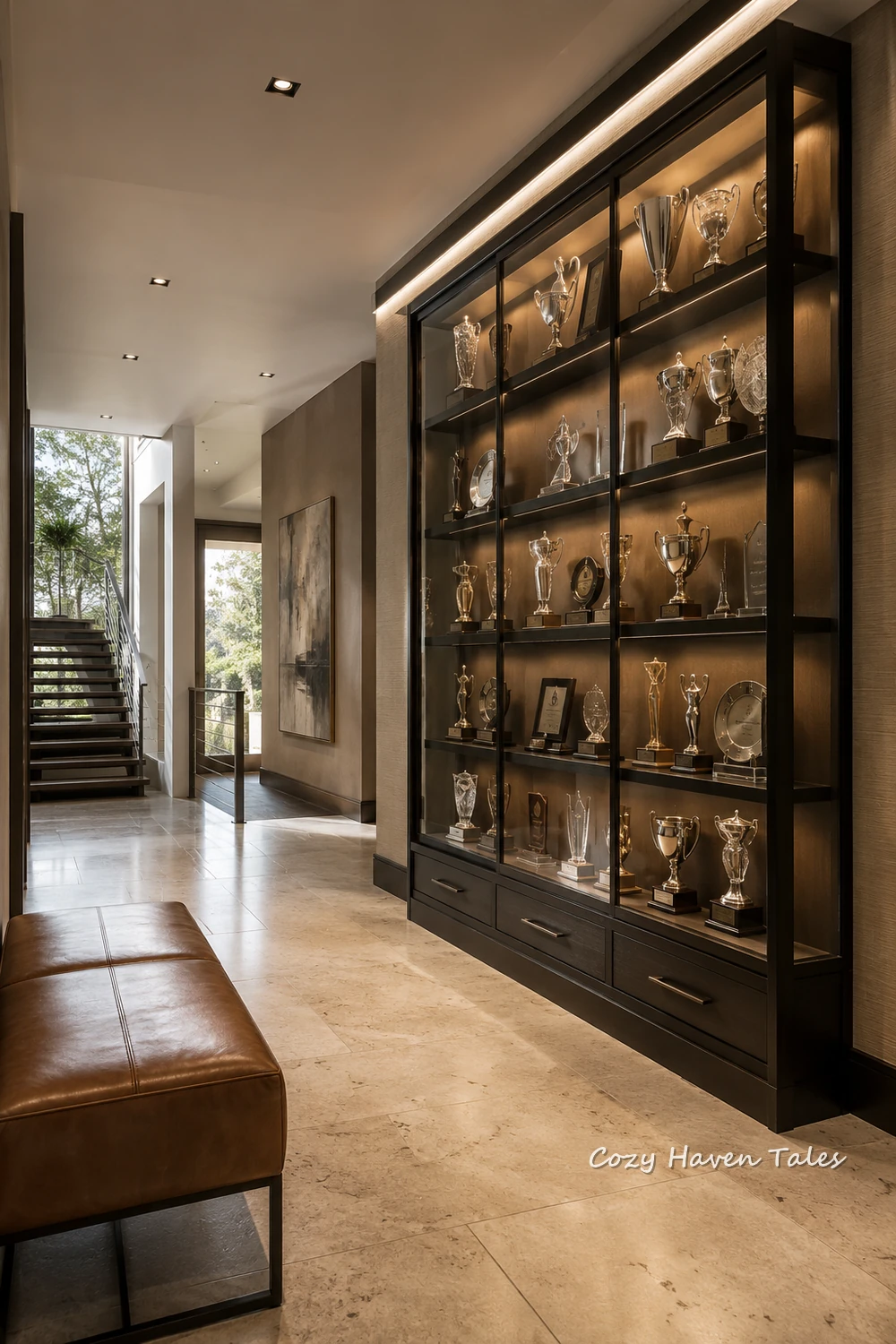 Floor-to-ceiling trophy cabinet with glass doors in a hallway