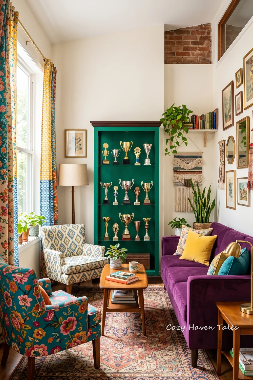 Green trophy cabinet in a colourful family room