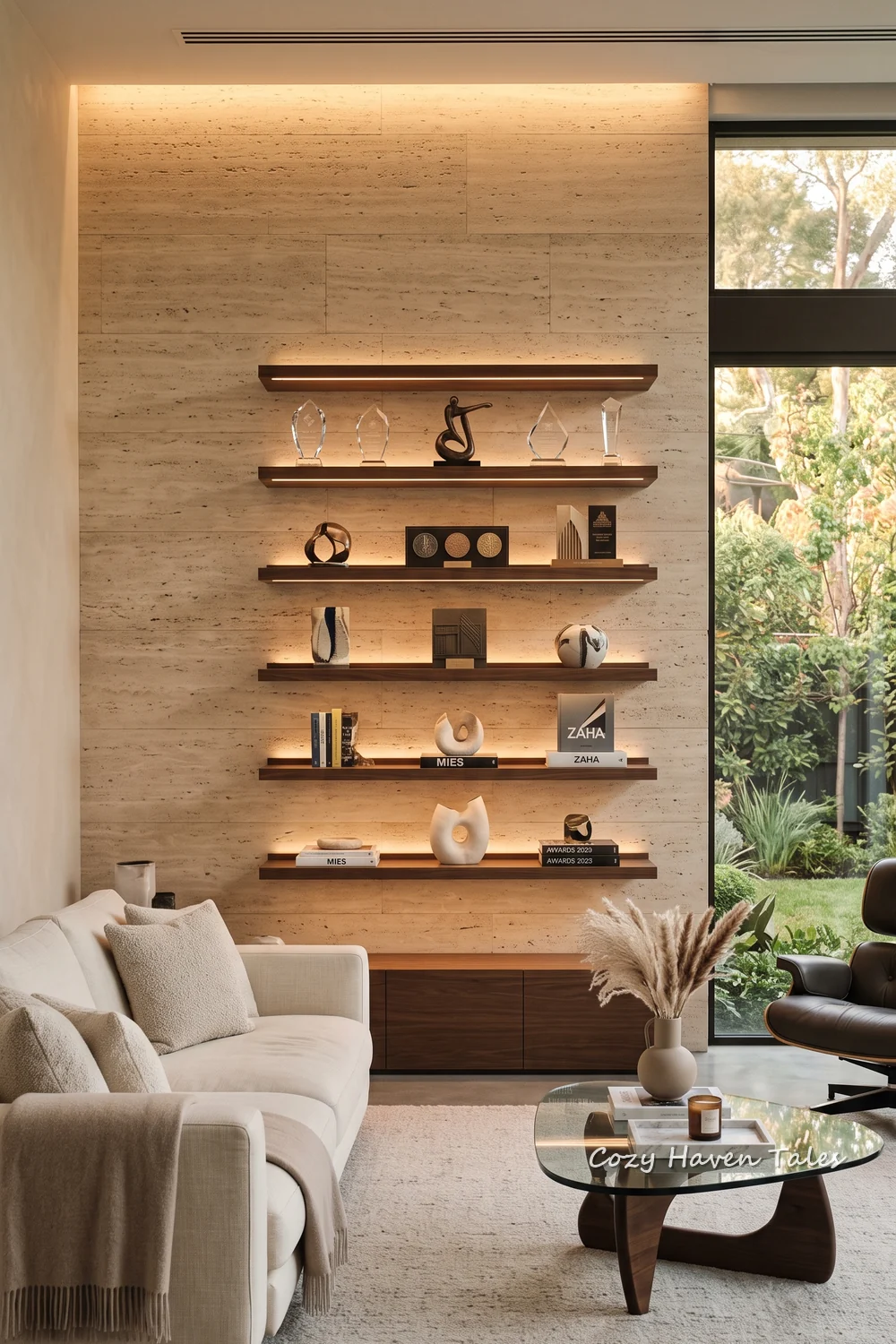 Floating wooden shelves displaying trophies in a modern living room