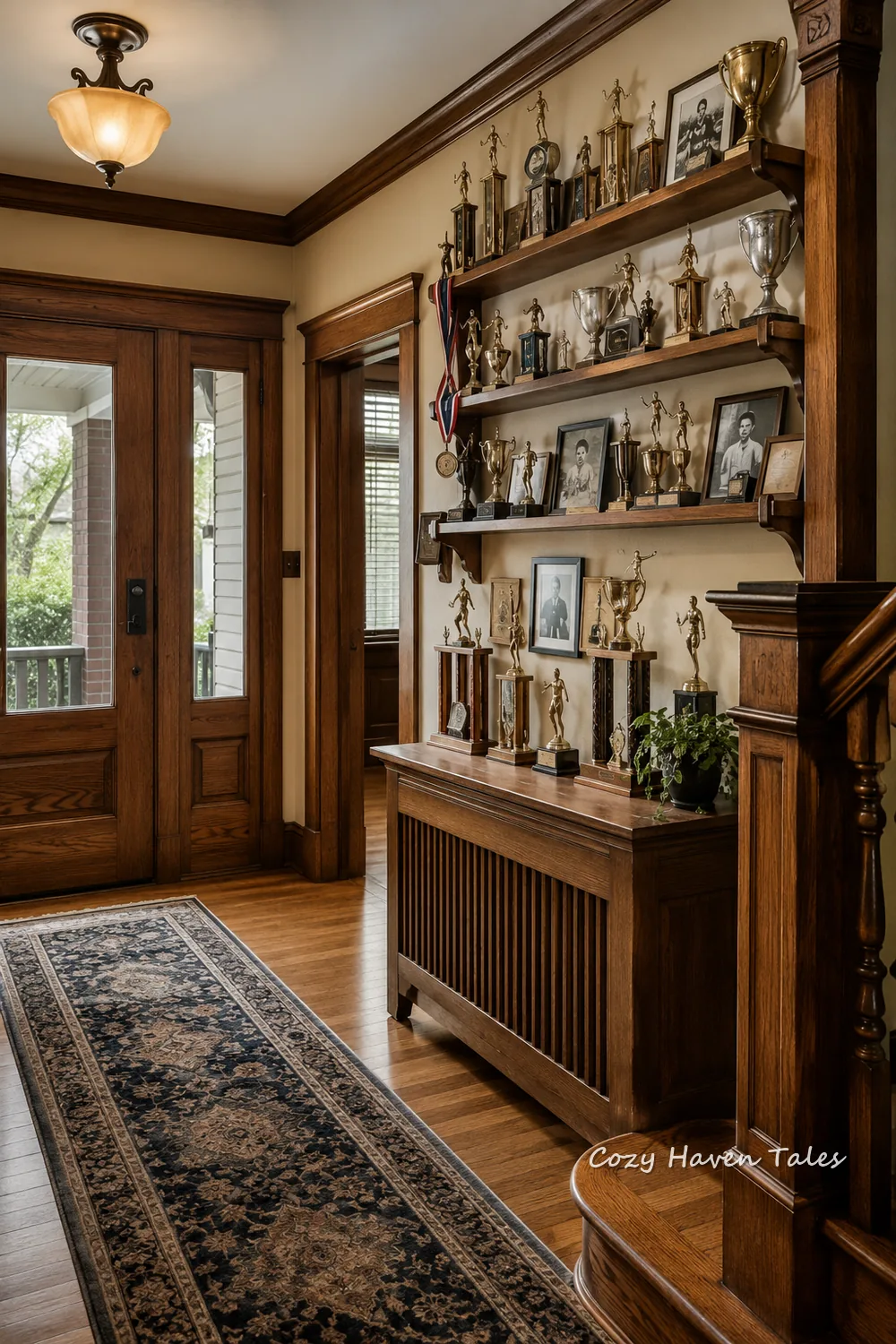 Trophies displayed on wooden shelves in a traditional hallway