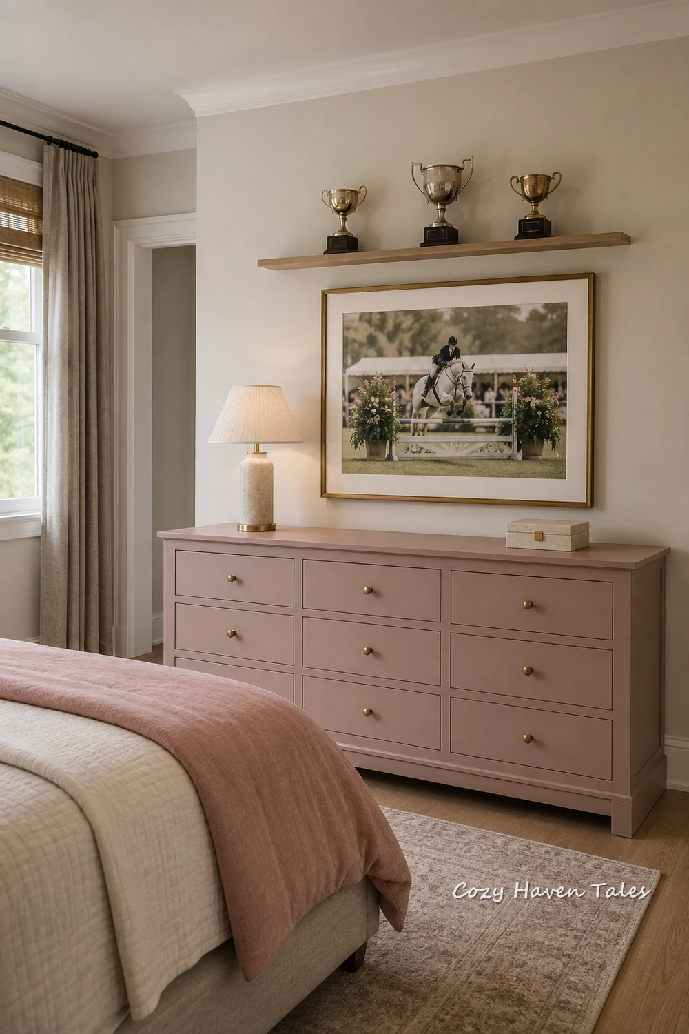 Small trophy display above a bedroom dresser