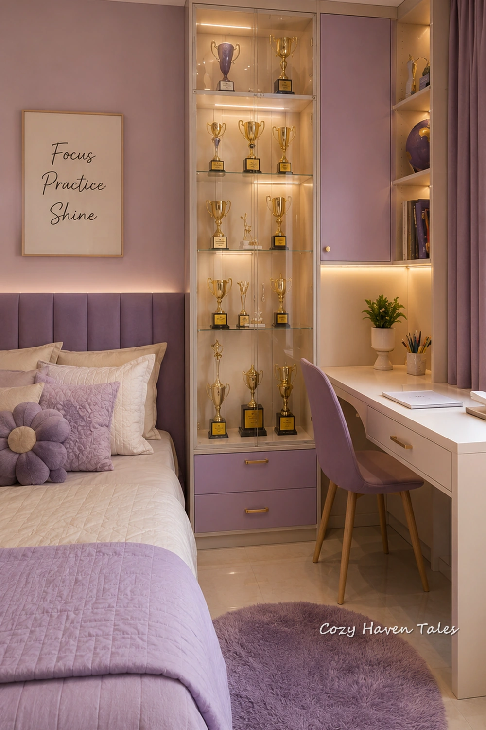 Illuminated trophy display niche in a child’s bedroom