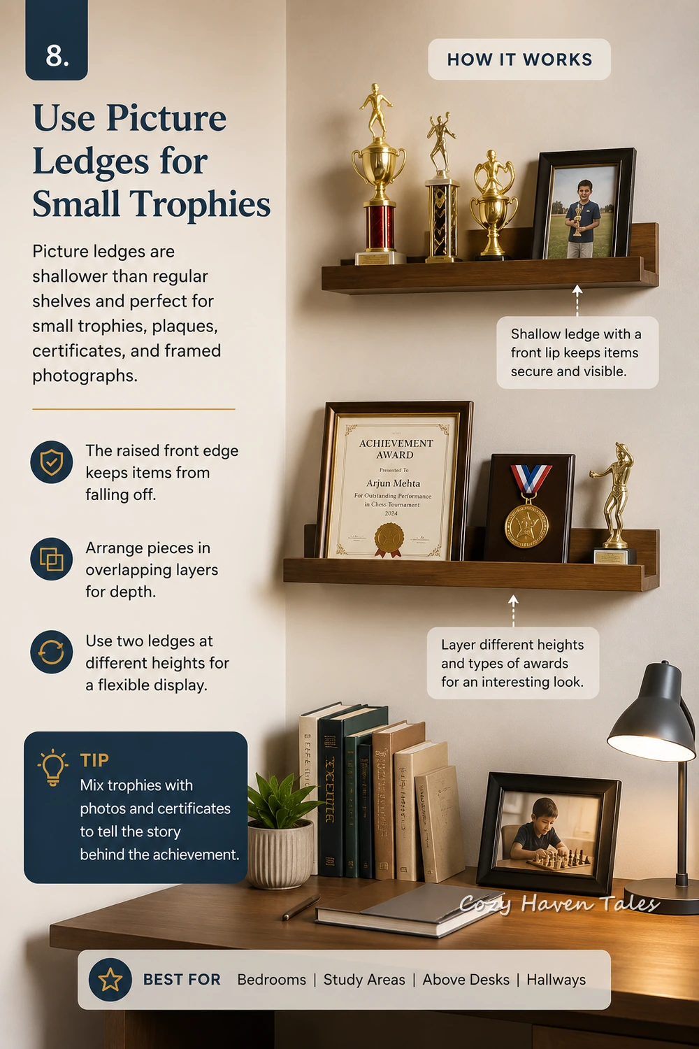 Picture ledge ideas for displaying small trophies and certificates