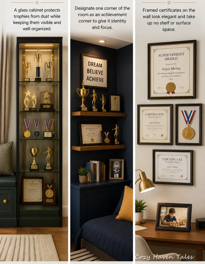 Trophy cabinet, achievement corner, and framed certificate display ideas