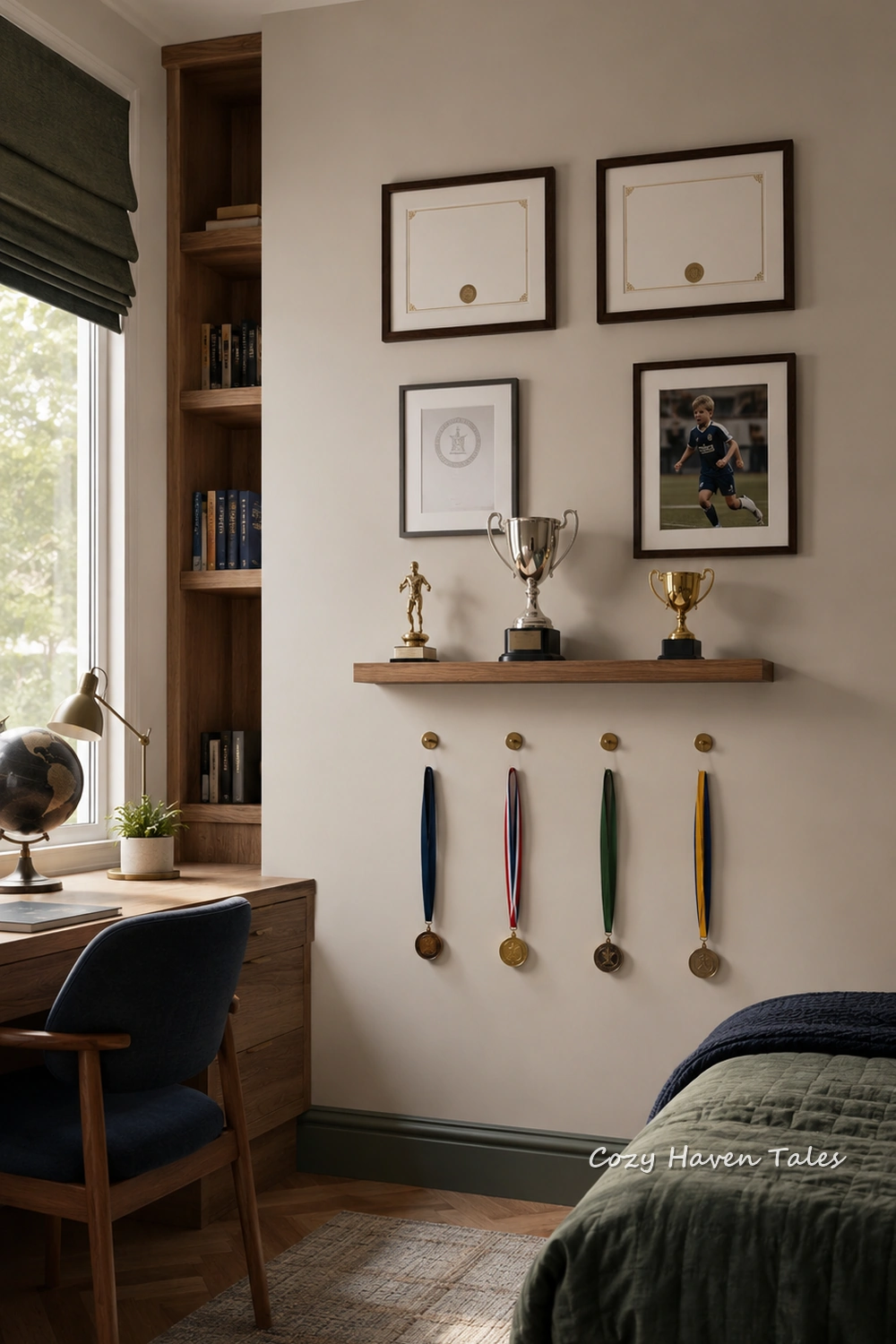 Dedicated trophy wall with certificates and hanging medals