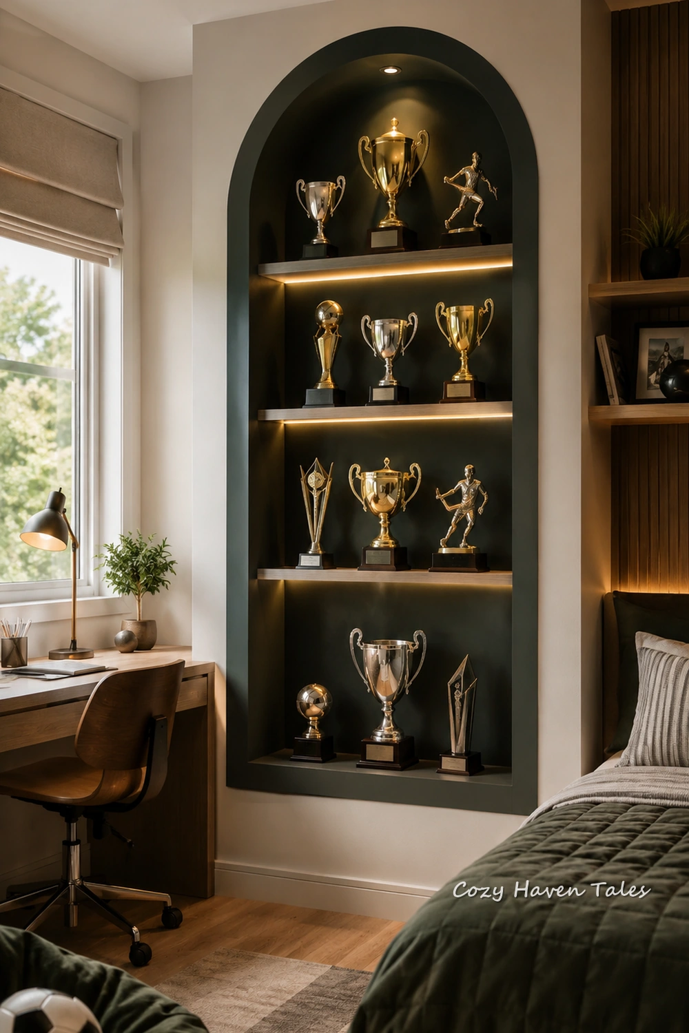 Trophies displayed inside an arched built-in wall niche
