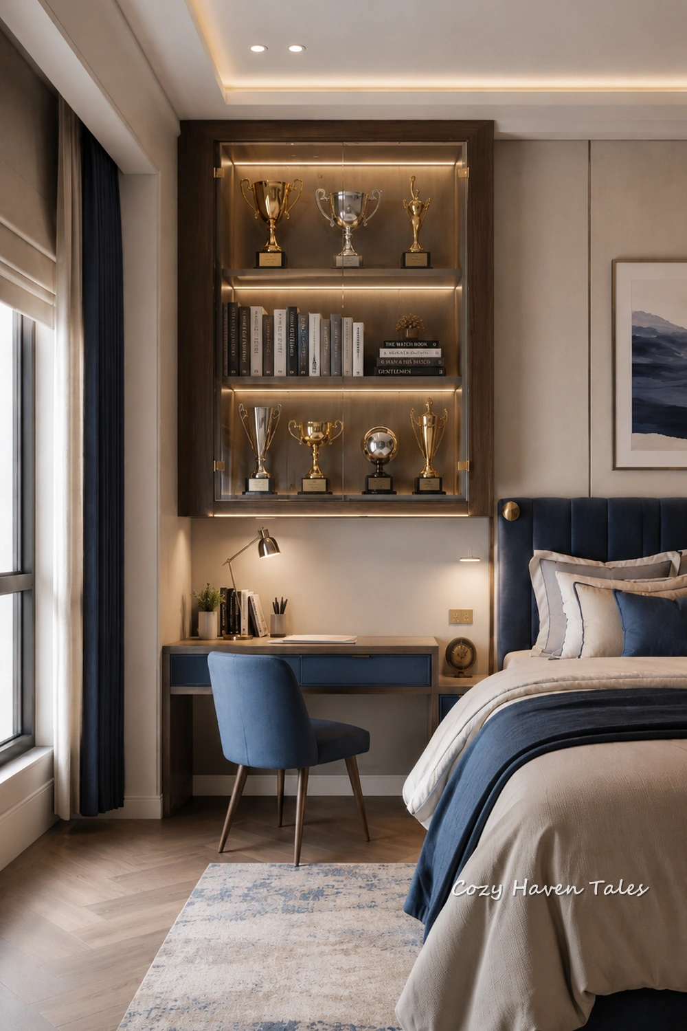 Built-in trophy shelves above a child’s study desk