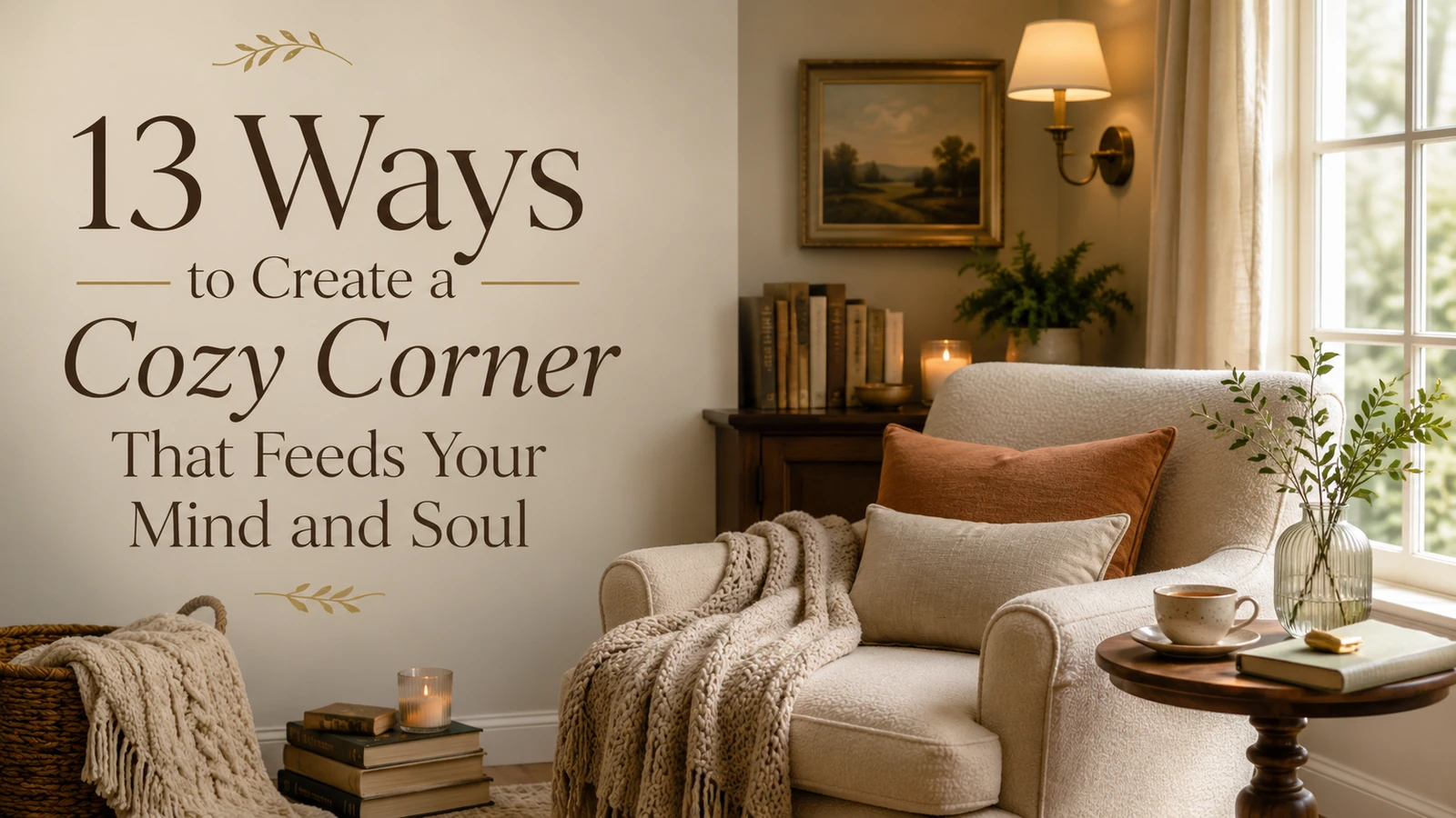 Cozy corner with a cream armchair, warm lighting, books, candle, plants, and overlay text for a blog post about creating a cozy corner.