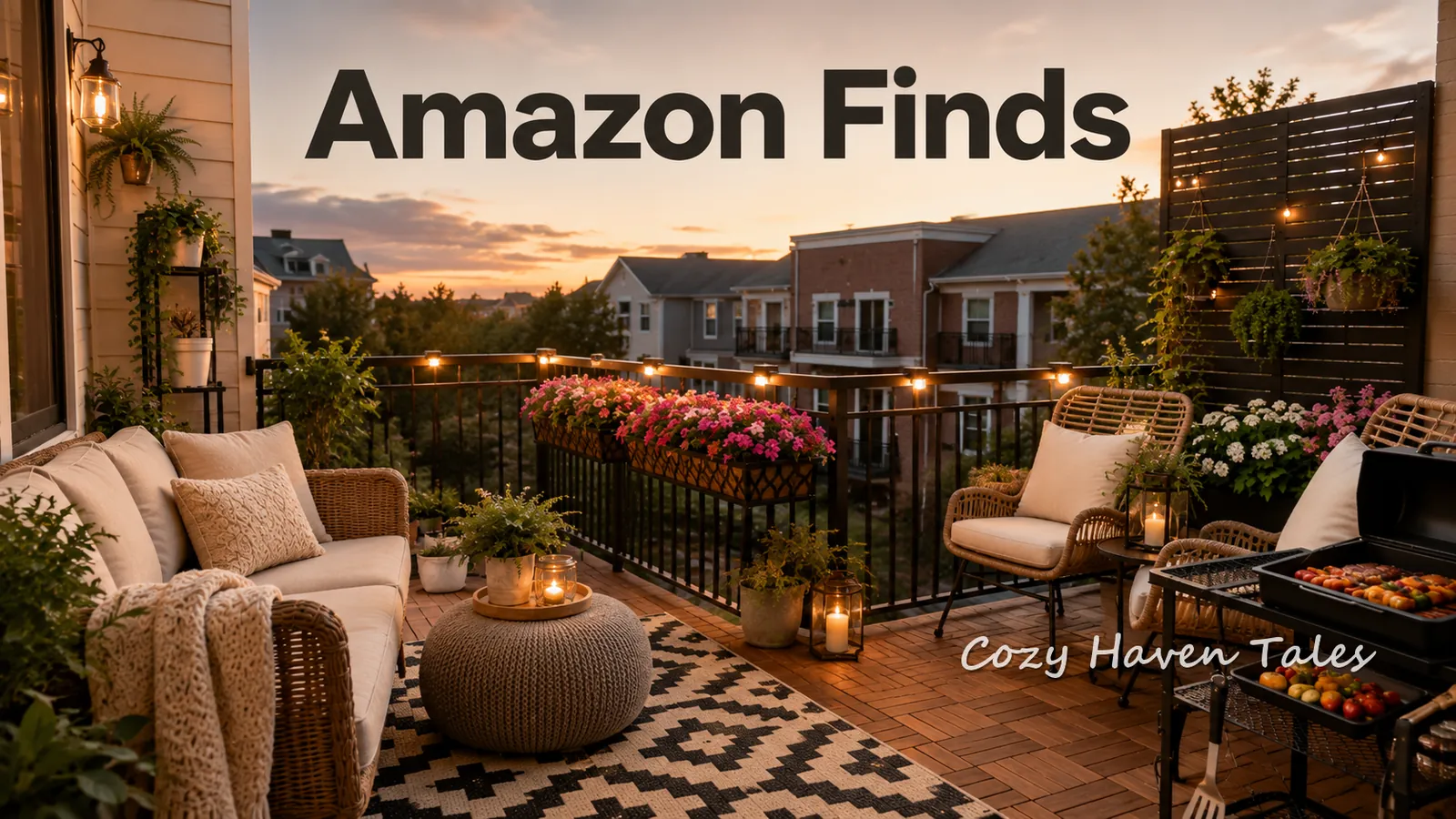 Cozy balcony decorated with affordable Amazon furniture, lighting, plants, and outdoor accessories