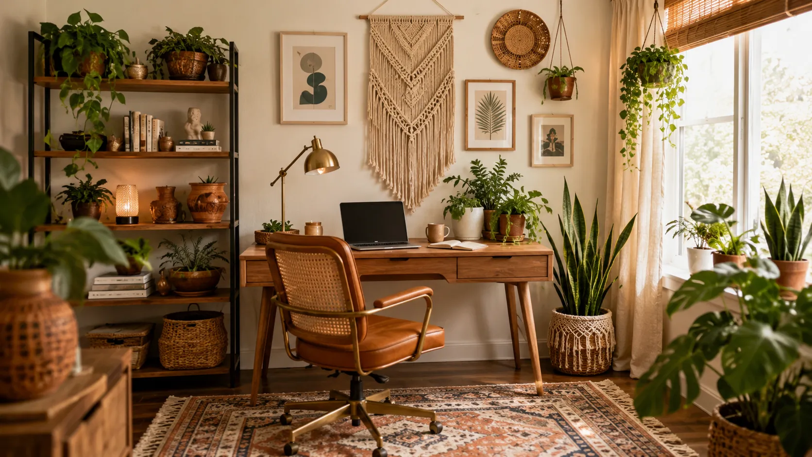 Warm boho-style home office with a wooden desk, tan cane chair, macramé wall hanging, patterned rug, open shelving and abundant plants