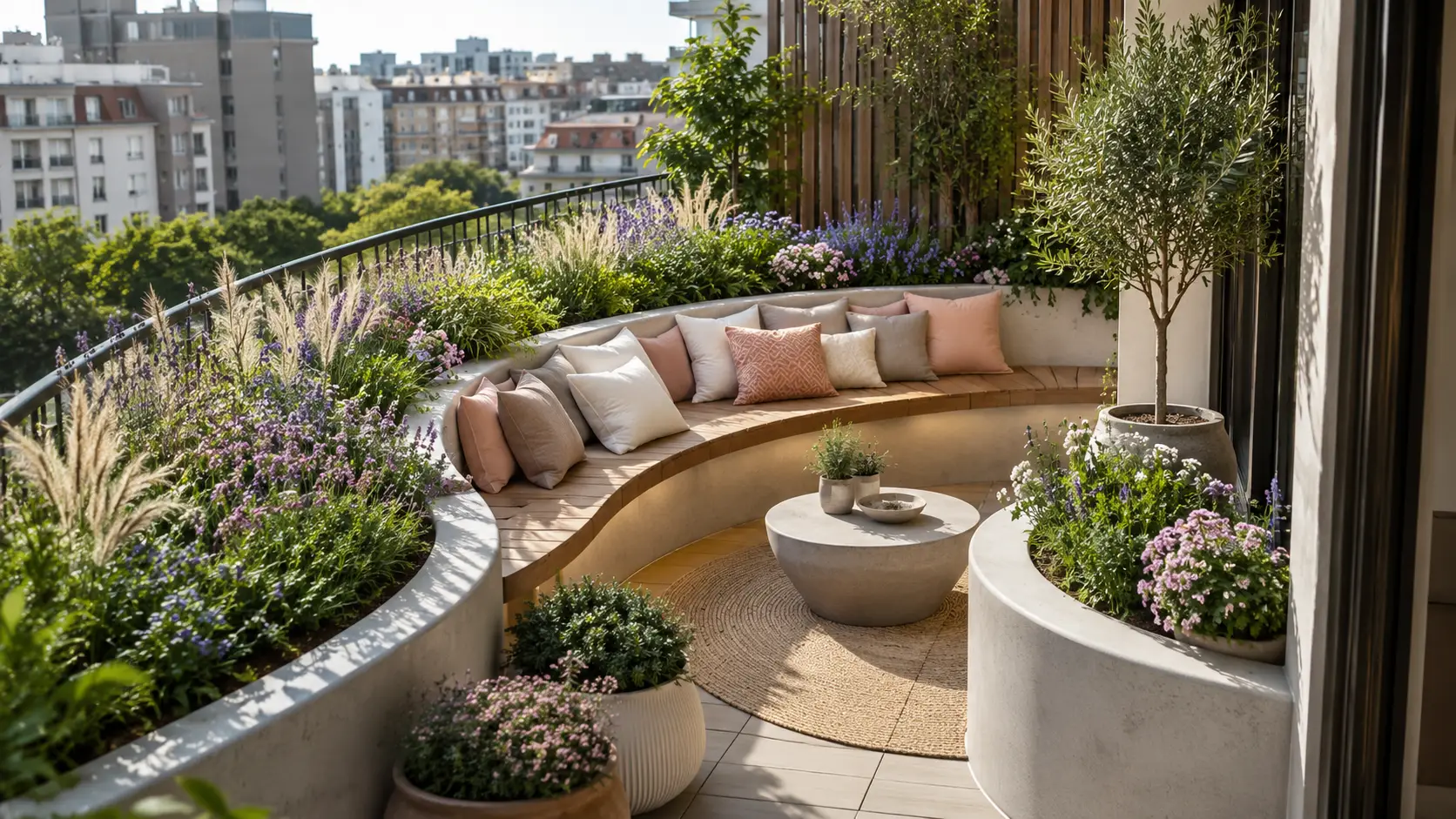 Small apartment terrace with curved built-in seating, rounded planters, flowering plants and layered greenery