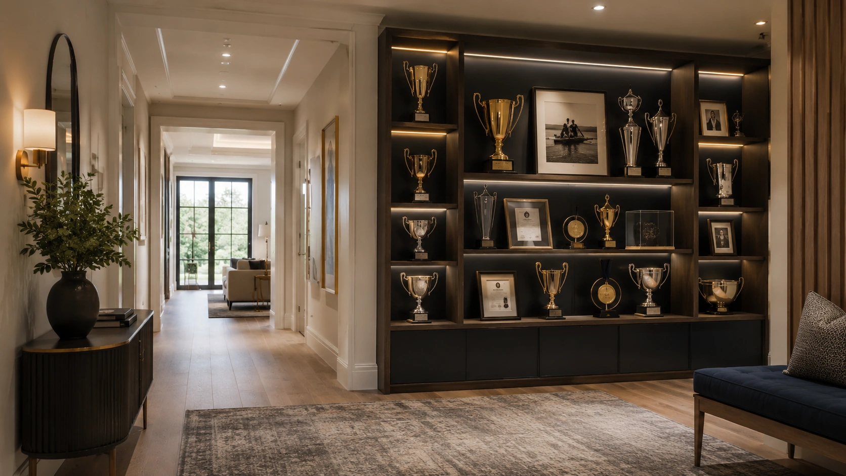 Built-in black trophy display cabinet in a modern hallway