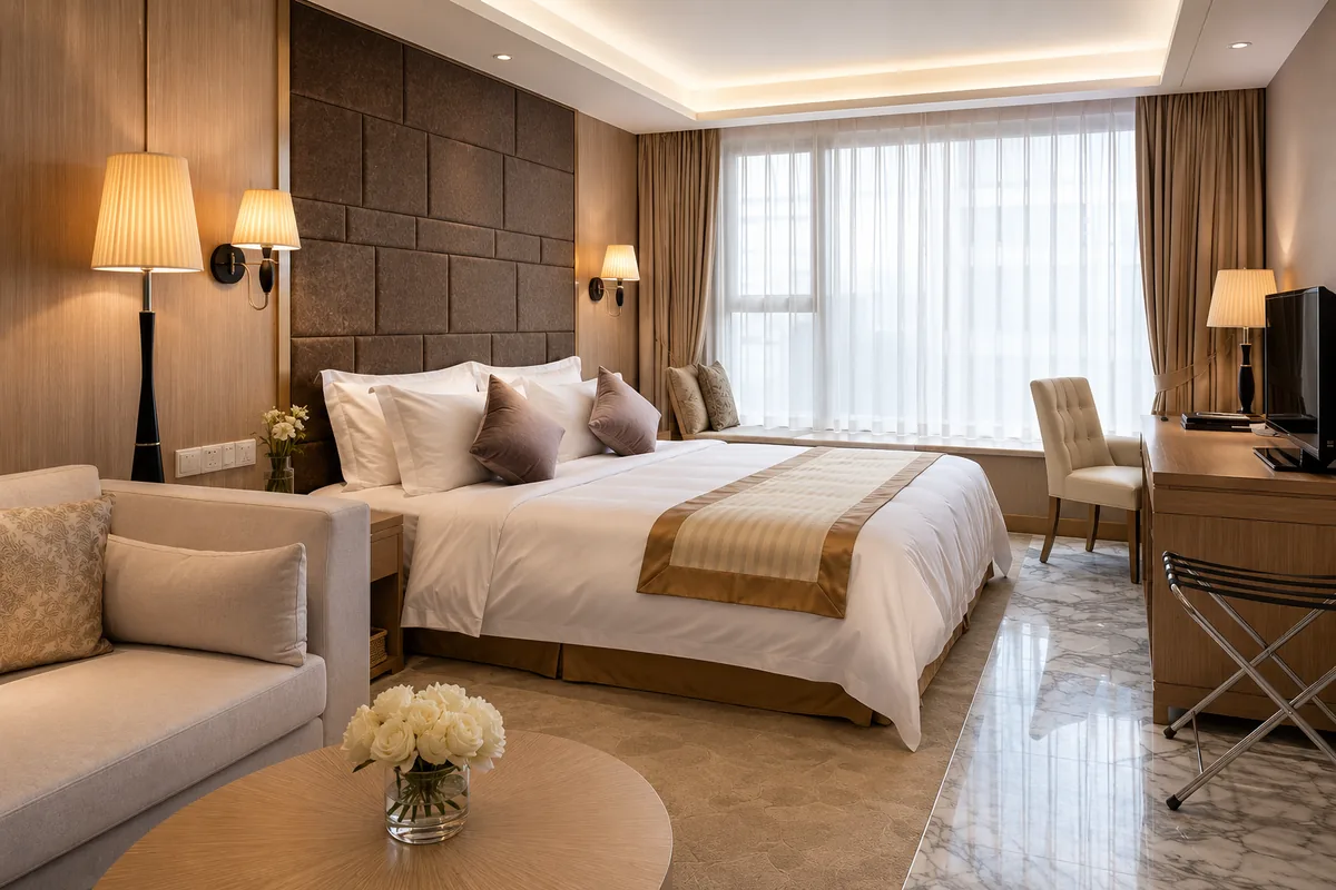 Warm, luxurious hotel-like bedroom with an upholstered bed, layered bedding, sconce lighting, a bench and a textured accent wall.