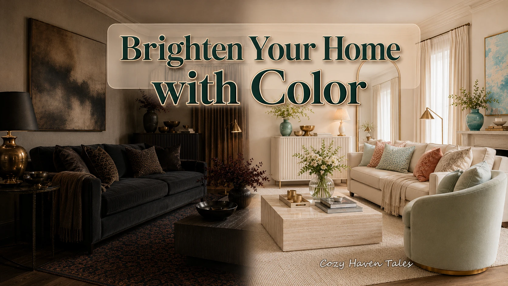 Before-and-after luxury living room showing how light walls, an ivory rug, reflective finishes and colorful accessories brighten a dark interior.